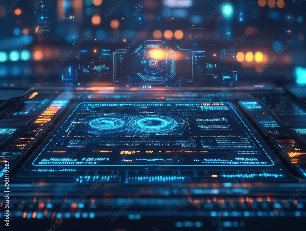 Futuristic digital interface with glowing blue and orange lights, abstract technology background. Futuristic digital interface with glowing blue and orange lights, abstract technology background.