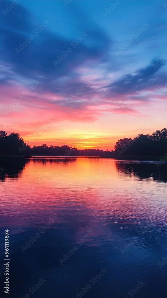 Obraz premium The image showcases a stunning sunset over a calm lake. The sky is painted with vibrant hues of pink, purple, orange, and blue, creating an ethereal atmosphere. The reflections of the colorful sky on 