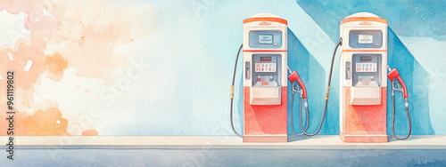 Fuel crane gaz equipment filling guns at the gas station. Watercolor  illustration.
 Colorfull fuel gasoline dispenser background. Fuel pumps station close up, copy space. Horizontal banner, poster