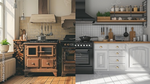 A split-image comparing a vintage, rustic kitchen with wood finishes and an ultra-modern kitchen with sleek, minimalist design. The contrast highlights the evolution of kitchen design, showcasing