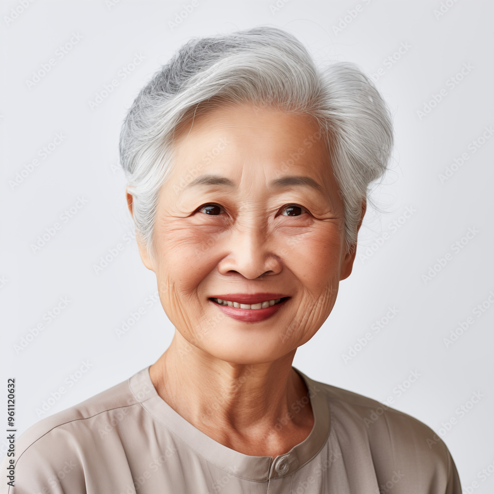 Elderly Asian woman, kind-looking, white skin, smiling, looking straight ahead in style on white background. Elderly Asian woman, kind-looking, white skin, smiling, looking straight ahead in style on white background.
