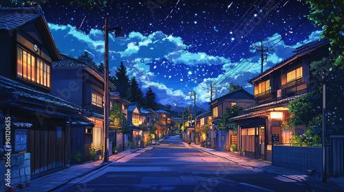 Lofi Beautiful Japanese Japan Tokyo City Town at Night with Meteor - House at Street Anime Comic Artstyle Cozy Peaceful Peace Asian Wallpaper Background 