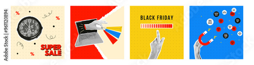 A set of card with collage hand halftone effect. Retro concept on the theme of online shopping, discount, super sale, black friday and other. Vector illustration