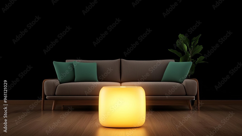 Fototapeta premium Modern cube lamp illuminating living room with sofa.
