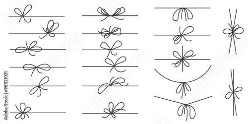 Ribbon bow with knots for present decoration and gift box package. Simple vector hand drawn string and outline minimal ropes. Thin cute decoration with twine tinsel and yarn with loops. Holiday design