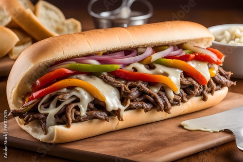 Philly cheesesteak with thinly sliced beef melted provolone sauted onions and bell peppers, AI Generated photo