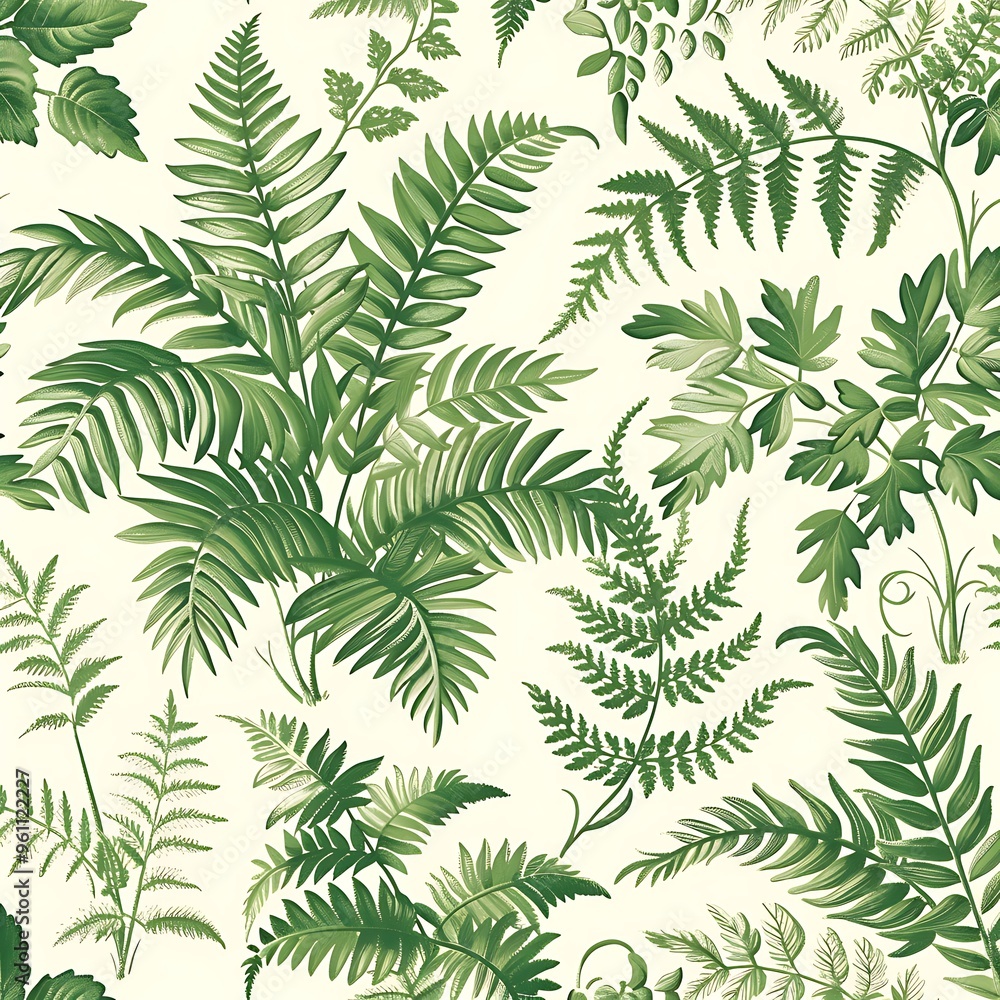 A botanical seamless pattern of lush, green ferns and vines, set against a light ivory background for a nature-inspired, organic look. 8k UHD, suitable for high-quality printing or digital display. A botanical seamless pattern of lush, green ferns and vines, set against a light ivory background for a nature-inspired, organic look. 8k UHD, suitable for high-quality printing or digital display.