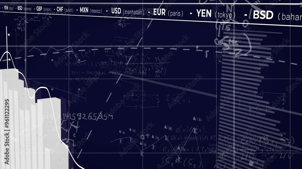 Financial data and currency exchange rates animation over technical blueprint and graphs Financial data and currency exchange rates animation over technical blueprint and graphs