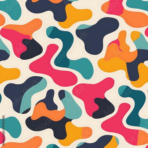 A retro-inspired seamless pattern of abstract shapes in vibrant colors, arranged on a light background, evoking a fun and nostalgic aesthetic. 8k UHD, suitable for high-quality printing or digital 