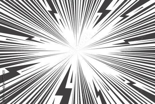 Comic cartoon background with lightning burst effect. Vector manga graphic with flash and abstract thunder. Energy explosion frame with electric light. Radial perspective monochrome beams
