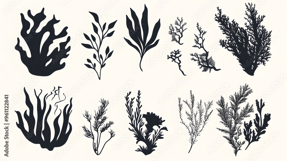 Fototapeta premium Minimalist Seaweed Silhouettes and Coral Icons: A Modern Underwater Botanical Set