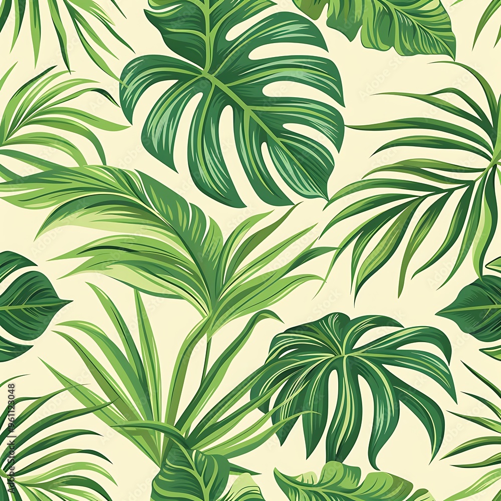 A seamless pattern of tropical leaves and palm fronds in bright greens, set against a soft beige background for a refreshing, nature-inspired wallpaper. 8k UHD, suitable for high-quality printing A seamless pattern of tropical leaves and palm fronds in bright greens, set against a soft beige background for a refreshing, nature-inspired wallpaper. 8k UHD, suitable for high-quality printing