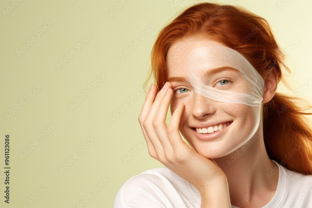 Young woman with green eye patches on her face, isolated against a beige background. Close-up portrait of a ginger-haired girl wearing a T-shirt and looking away while smiling, applying a cosmetic gel Young woman with green eye patches on her face, isolated against a beige background. Close-up portrait of a ginger-haired girl wearing a T-shirt and looking away while smiling, applying a cosmetic gel