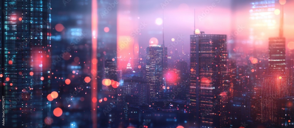 Abstract virtual wireless technology hologram set against a blurred cityscape Concept of big data and databases featuring multiple exposure effects Abstract virtual wireless technology hologram set against a blurred cityscape Concept of big data and databases featuring multiple exposure effects