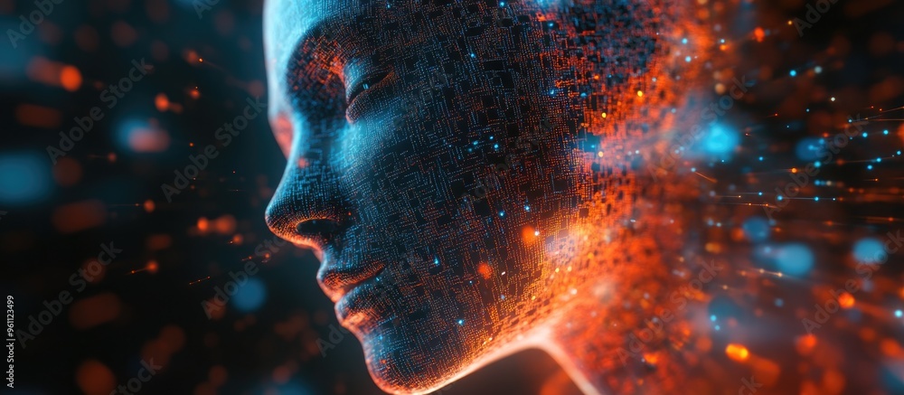 Abstract digital representation of a human face illustrating concepts of artificial intelligence big data and cyber security in a 3D format Abstract digital representation of a human face illustrating concepts of artificial intelligence big data and cyber security in a 3D format