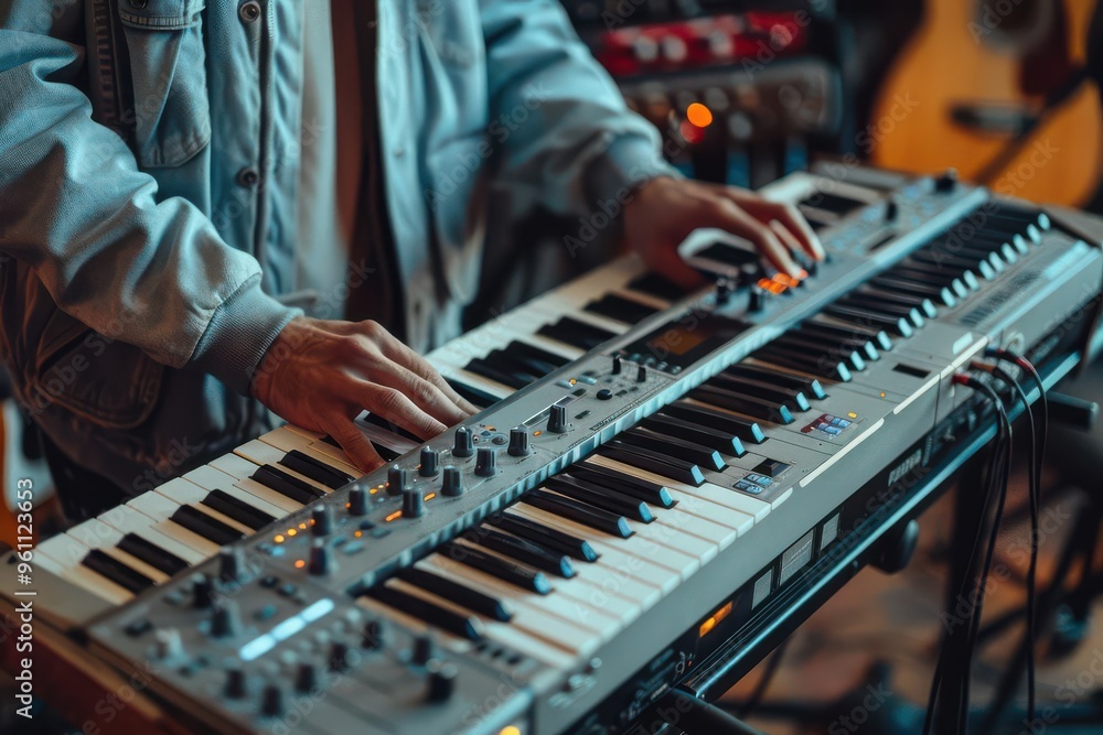 Musician with a keyboard, composing music in a home studio Musician with a keyboard, composing music in a home studio