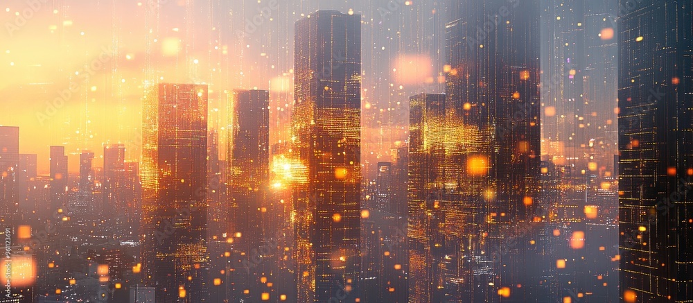 Holographic data visualization with a city skyline and skyscrapers in the background showcasing the concept of big data through multi exposure imagery Holographic data visualization with a city skyline and skyscrapers in the background showcasing the concept of big data through multi exposure imagery