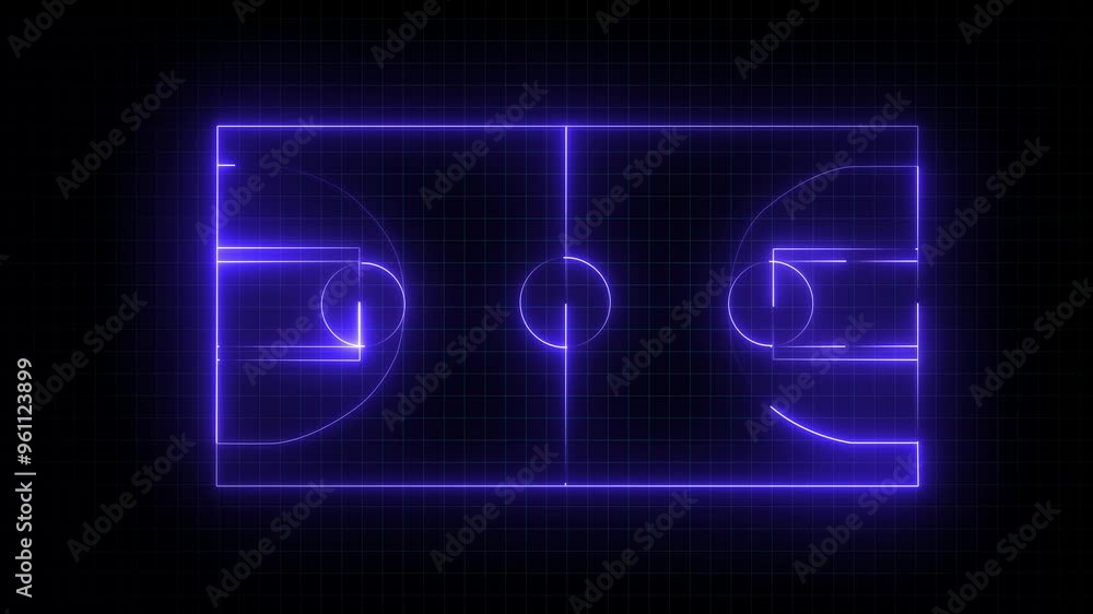 Animation of neon sports stadium on black background with neon lights, Neon blue basketball court animation Animation of neon sports stadium on black background with neon lights, Neon blue basketball court animation