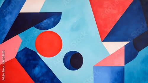 Modern poster painting with geometric shapes in blue and red colors