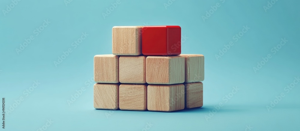 Wooden blocks arranged in a cube formation featuring a single red block symbolizing artificial intelligence against a blue backdrop 3D rendering Wooden blocks arranged in a cube formation featuring a single red block symbolizing artificial intelligence against a blue backdrop 3D rendering