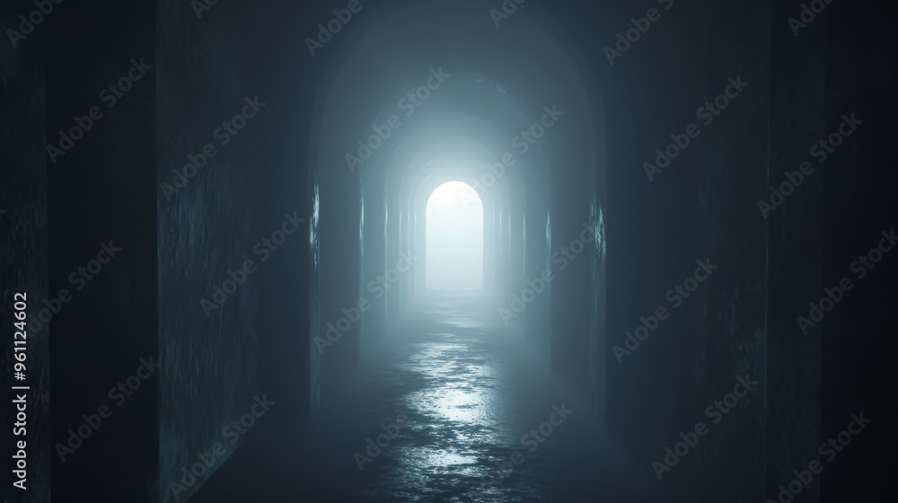 A foggy tunnel with a bright light at the far end, creating a striking contrast between light and darkness. The mysterious atmosphere and minimalist design evoke themes of the unknown and anticipation A foggy tunnel with a bright light at the far end, creating a striking contrast between light and darkness. The mysterious atmosphere and minimalist design evoke themes of the unknown and anticipation