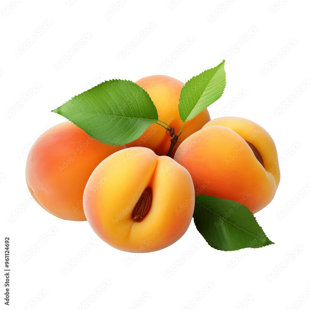 Fresh apricots with green leaves isolated on a white background Fresh apricots with green leaves isolated on a white background