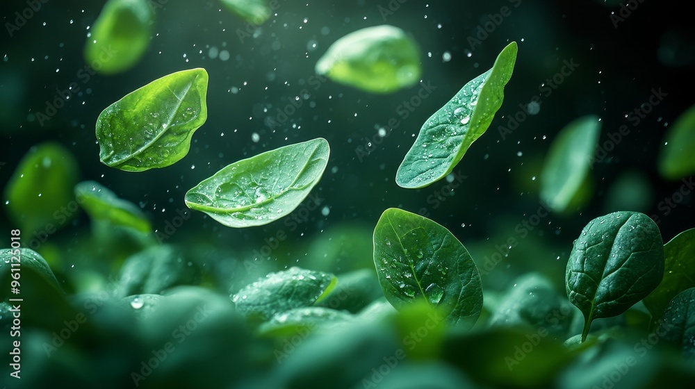 Fresh Spinach Leaves Falling In Rain Fresh Spinach Leaves Falling In Rain