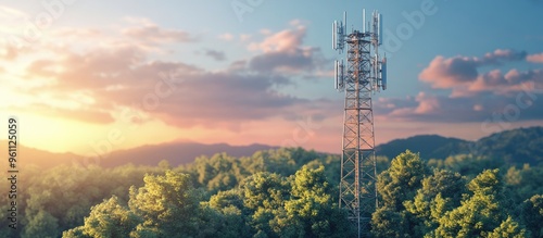 5G telecommunication tower with wireless antenna connection system integrated into a natural landscape