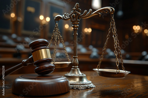 Judge gavel and scales of justice in the court hall, law concept of judiciary and justice