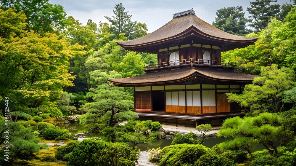 Serene Japanese Pagoda Surrounded by Lush Verdant Gardens Serene Japanese Pagoda Surrounded by Lush Verdant Gardens
