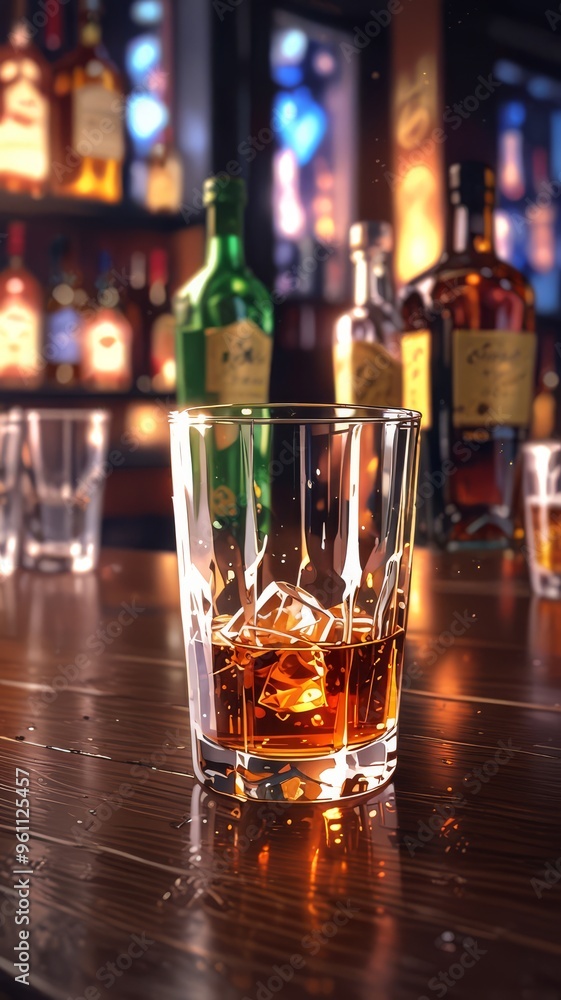 a glass of whiskey sits on a bar counter. a glass of whiskey sits on a bar counter.