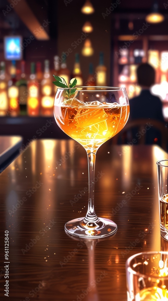 a glass of whiskey sits on a bar counter. a glass of whiskey sits on a bar counter.