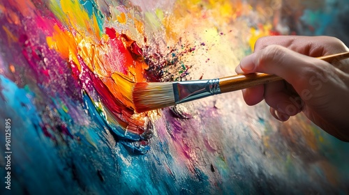 Artist’s Hand Holding a Paintbrush: An artist's hand holding a paintbrush mid-stroke, with vivid paint colors splashing onto a canvas.
