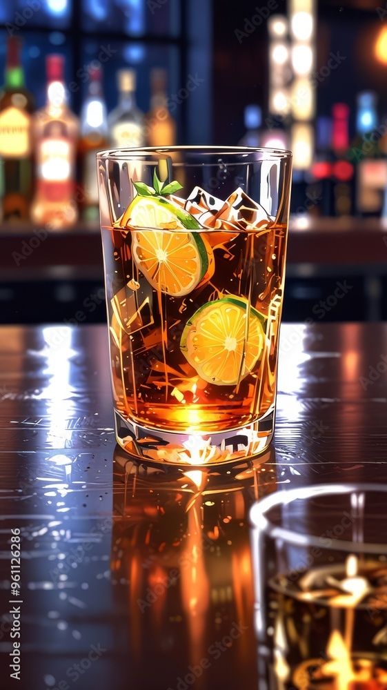 a glass of whiskey sits on a bar counter. a glass of whiskey sits on a bar counter.