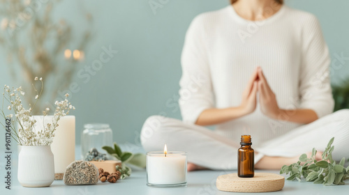 Woman practicing mindfulness meditation with candles and essential oils for relaxation and wellness