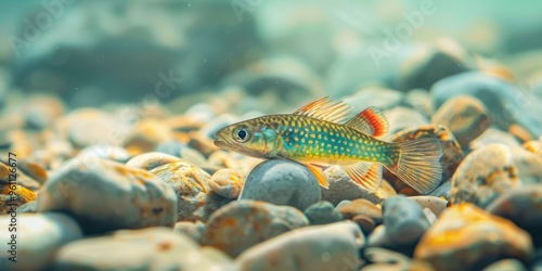 Colorful darter lying on the river bottom