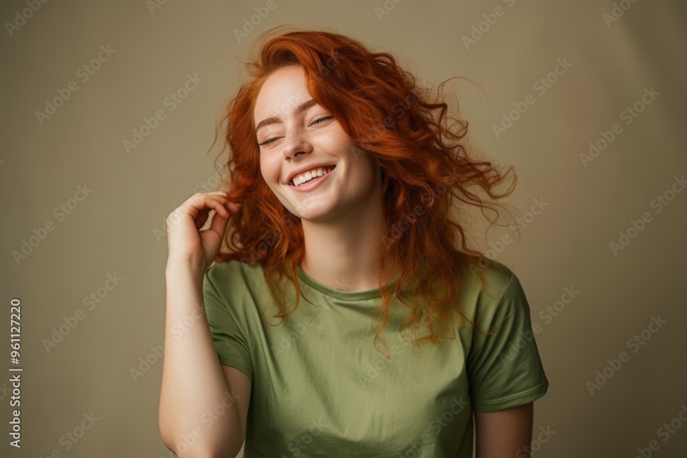 Young woman with green eye patches on her face, isolated against a beige background. Close-up portrait of a ginger-haired girl wearing a T-shirt and looking away while smiling, applying a cosmetic gel Young woman with green eye patches on her face, isolated against a beige background. Close-up portrait of a ginger-haired girl wearing a T-shirt and looking away while smiling, applying a cosmetic gel