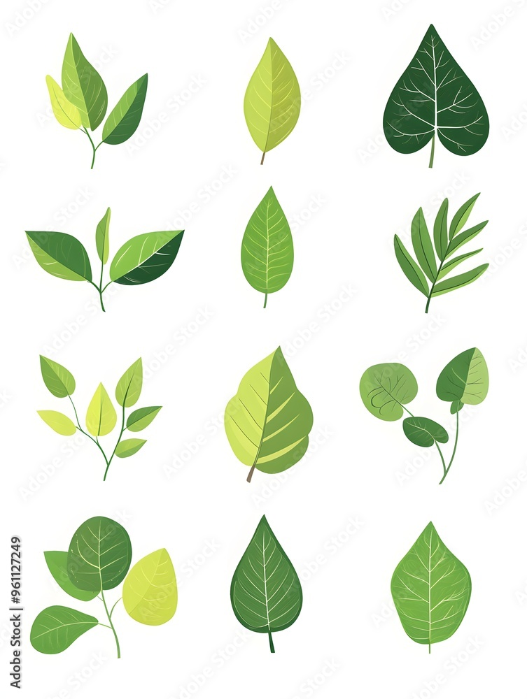 The image shows a collection of green leaf related icons The image shows a collection of green leaf related icons