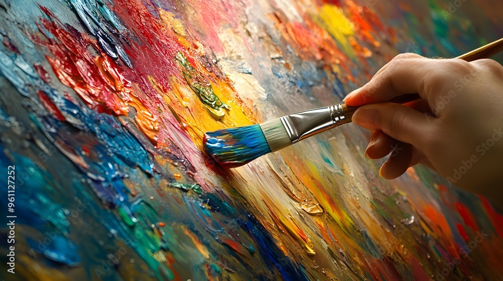 Artist’s Hand Holding a Paintbrush: An artist's hand holding a paintbrush mid-stroke, with vivid paint colors splashing onto a canvas.
Artist’s Hand Holding a Paintbrush: An artist's hand holding a paintbrush mid-stroke, with vivid paint colors splashing onto a canvas.