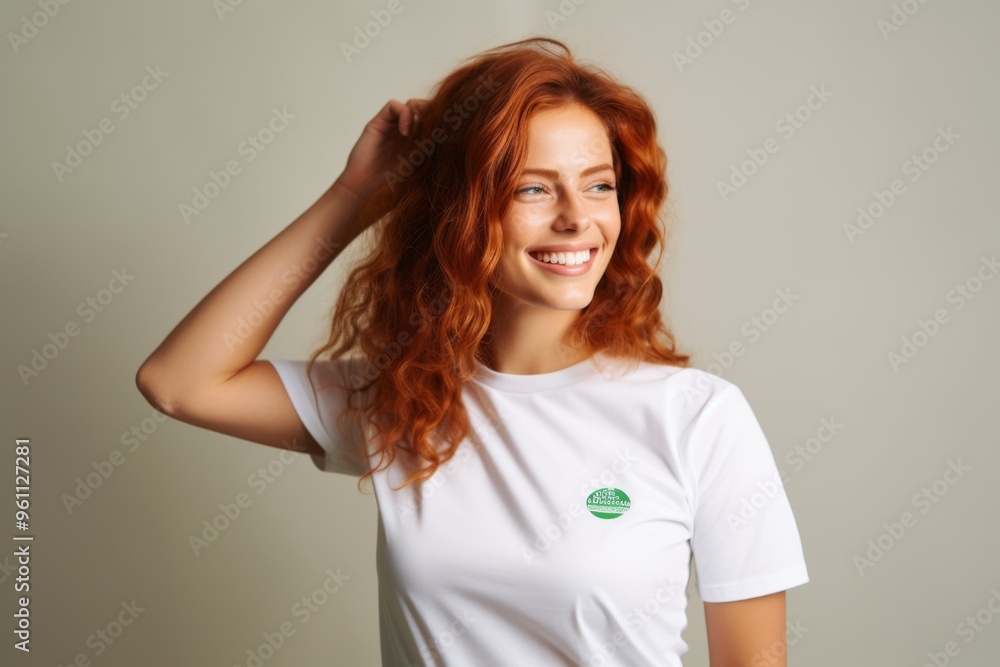 Obraz premium Young woman with green eye patches on her face, isolated against a beige background. Close-up portrait of a ginger-haired girl wearing a T-shirt and looking away while smiling, applying a cosmetic gel