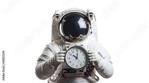 An astronaut holding a clock, symbolizing time in space. Captivating image showcasing exploration and the concept of time.