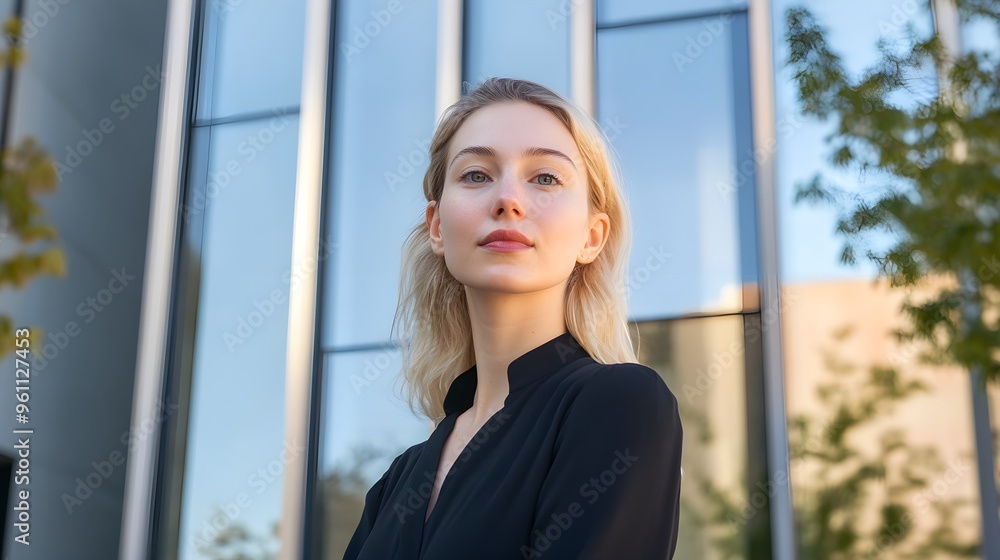 Fototapeta premium Thoughtful young woman with blond hair in front of modern building 