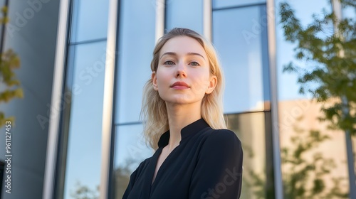 Free Download Thoughtful young woman with blond hair in front of modern building  - GFXLoad