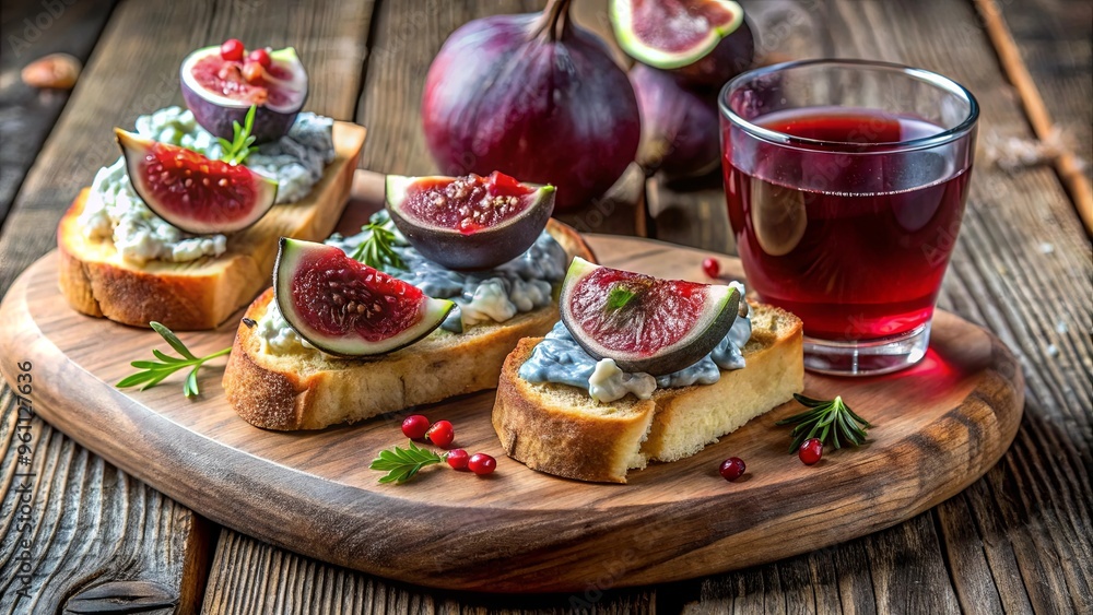 Blue cheese and fig crostini with pomegranate juice on a rustic wooden board Blue cheese and fig crostini with pomegranate juice on a rustic wooden board