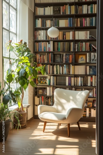 Cozy Bright Home Library: A Serene Reading Nook That Evokes Knowledge and Comfort