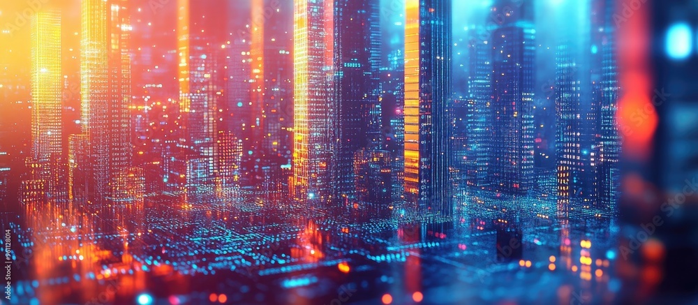 Naklejka premium Digital City series Fusion of three dimensional fractals and numbers centered on computers science virtual reality and contemporary technology