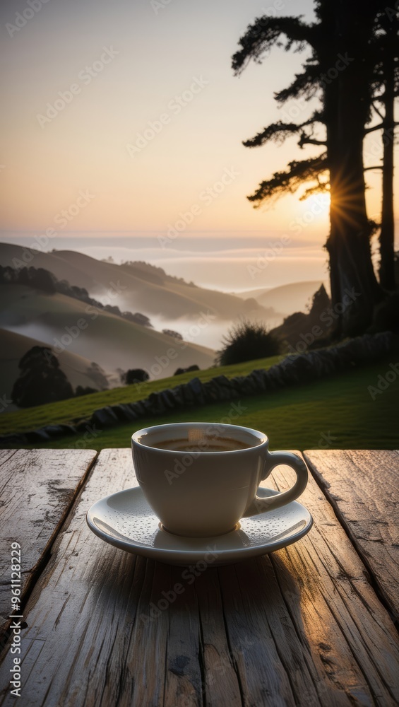 a cup of coffee on a table with a sunset in the background a cup of coffee on a table with a sunset in the background