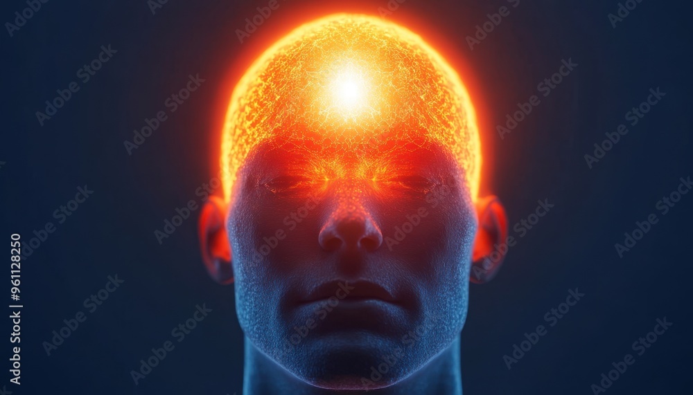 A digital representation of a human head with a glowing, radiant energy symbolizing thought, creativity, and enlightenment. A digital representation of a human head with a glowing, radiant energy symbolizing thought, creativity, and enlightenment.