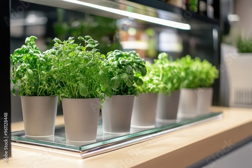 A row of potted herbs on a shelf, showcasing greenery and freshness in a modern setting.