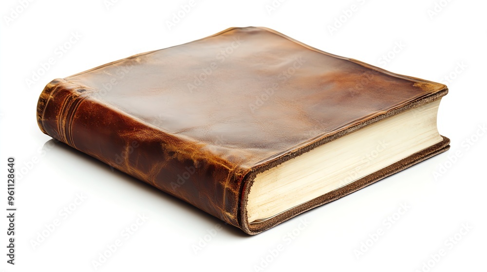 Obraz premium A worn leather-bound book isolated on a white background.